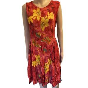 Vintage 90s Rag Midi Flare Dress Red Floral Hawaiian Tropical Women M Boho Rio